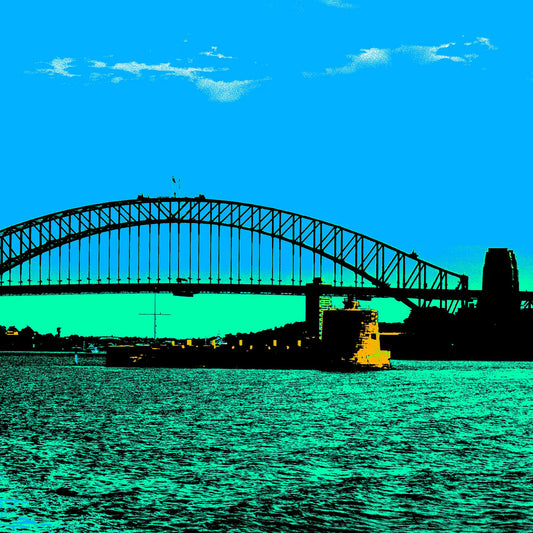 POPscape Sydney - Harbour Bridge Pinchgut Fort Denison - 3694v16a - Close Detail View, Stylised Pop Art image of Sydney Harbour Bridge with Fort Denison in the foreground. High-contrast tones of blue, teal, and black define the water and sky.