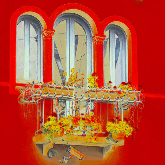 POPscape Sydney - Paddington - Boundary Street Balcony - 218154v21 - Close Detail View, Stylised image of a red-painted building with arched windows and an ornate iron balcony filled with yellow flowers. Bright Pop Art colour treatment with architectural detail.