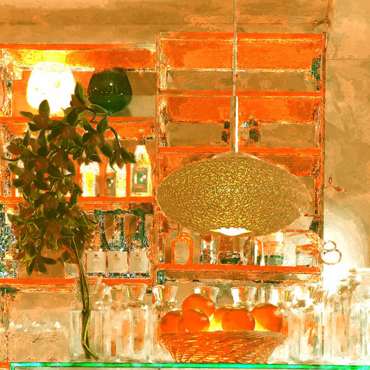 POPscape Sydney - Paddington - Zafferano Trattoria Mediterranea - 226926v1 - Close Detail View, Stylised interior image of a Mediterranean restaurant bar scene, featuring glowing oranges, glass carafes, bottles, hanging pendant light, and a warm orange-toned colour palette with retro modern textures.