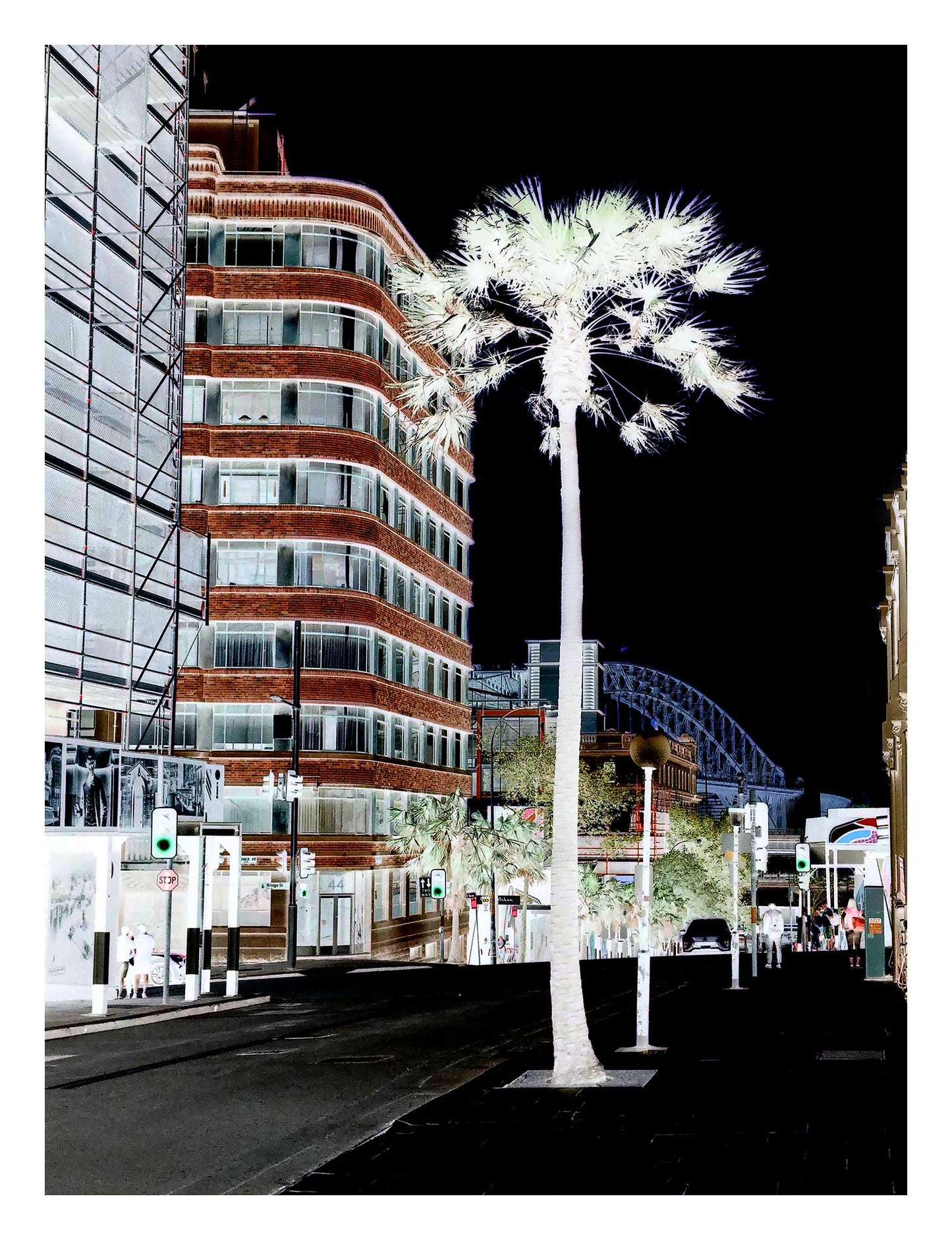 POPscape Sydney - Pitt Street - Palm - 229180v3b - 81.5x104cm, Stylised scene of Pitt Street, Sydney, featuring a glowing palm tree in the foreground, modern buildings, streetlights, pedestrians, and a glimpse of the Harbour Bridge in high-contrast inverted tones.