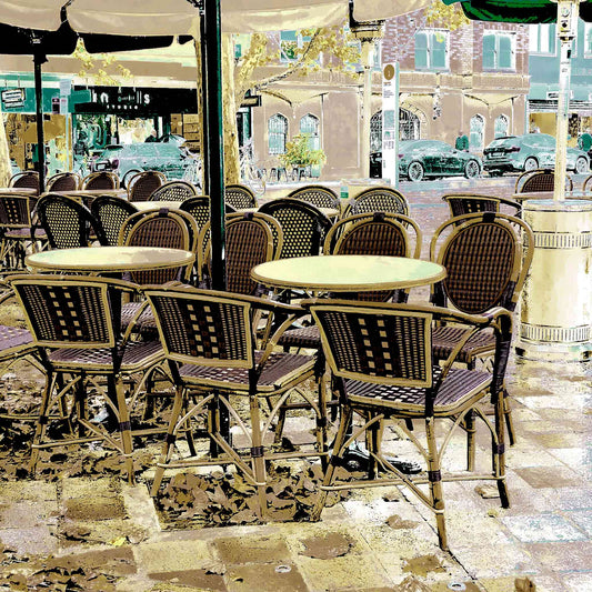 POPscape Sydney - Potts Point - Cafe Chairs - 201709v6 - Close Detail View, Stylised image of an empty outdoor café scene in Potts Point, Sydney. Rows of woven chairs and round tables sit on a damp pavement, rendered in a warm-toned Pop Art colour treatment.
