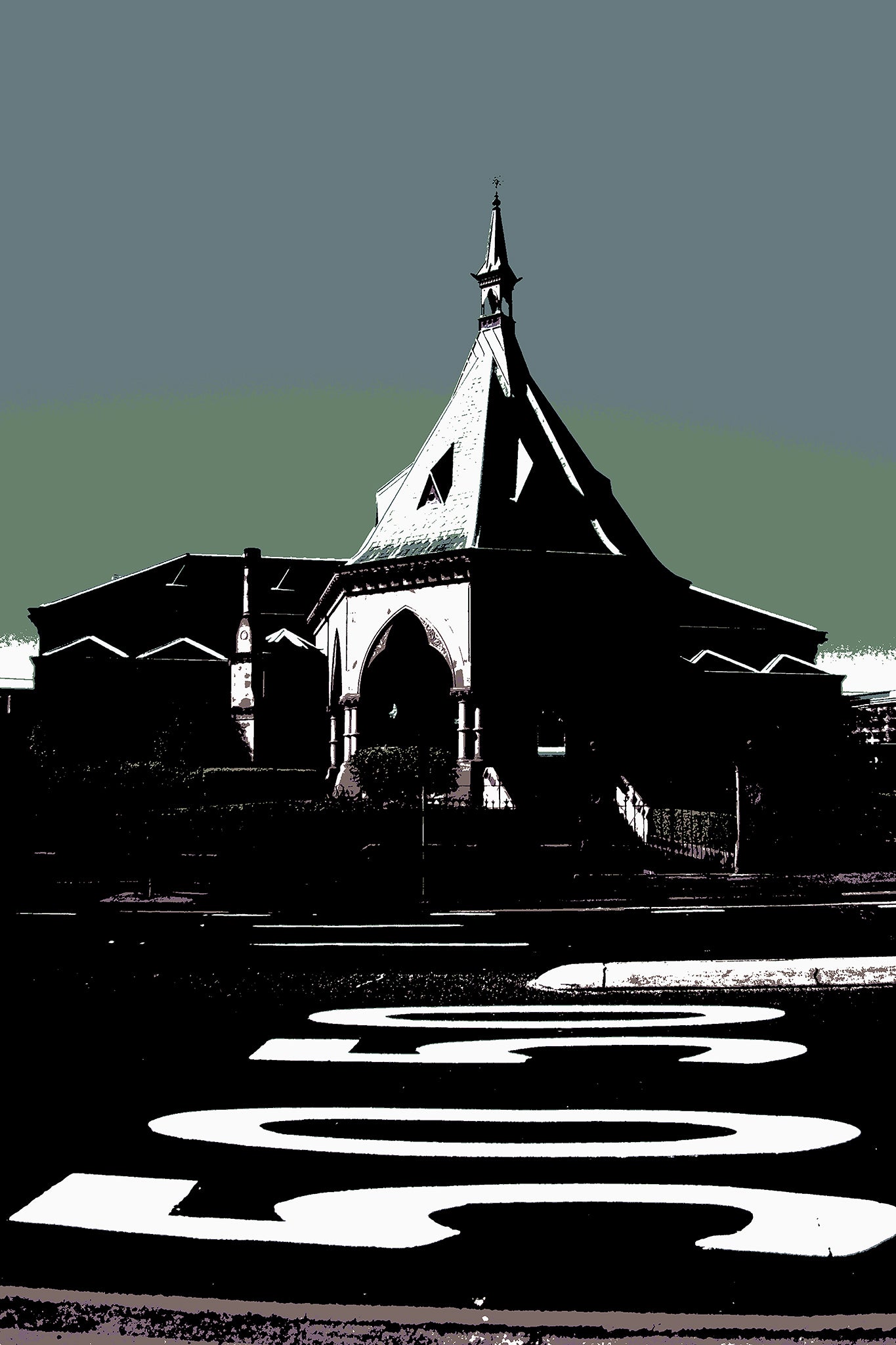 POPscape Sydney - Railway - Mortuary Station - 1906016v50b - 60x90cm, Stylised image of Sydney’s Mortuary Station with gothic architecture under a muted green-grey sky. Large white painted road text dominates the foreground. High-contrast Pop Art treatment.