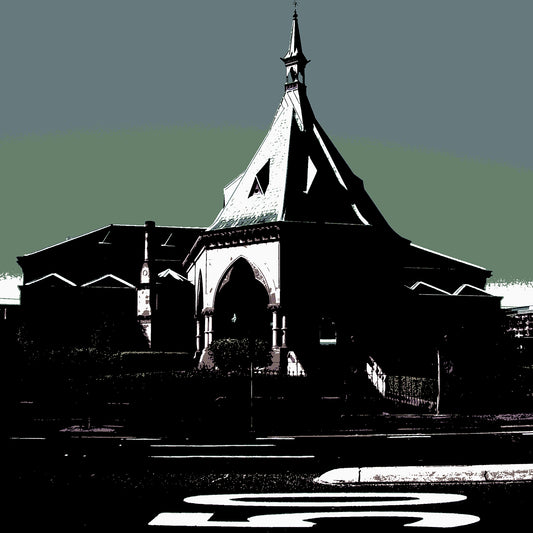 POPscape Sydney - Railway - Mortuary Station - 1906016v50b - Close Detail View, Stylised image of Sydney’s Mortuary Station with gothic architecture under a muted green-grey sky. Large white painted road text dominates the foreground. High-contrast Pop Art treatment.