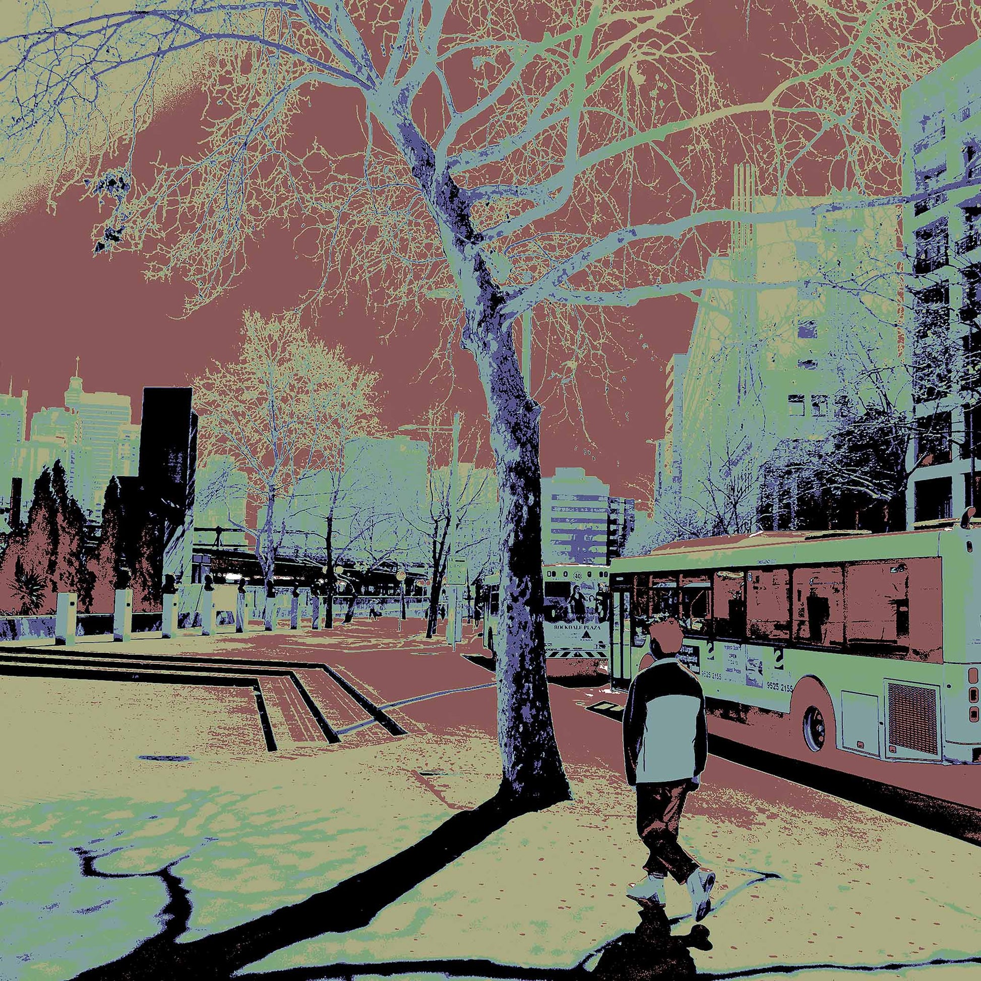 POPscape Sydney - Railway Square - Bus - 1906051v12 - Close Detail View, Stylised street scene of Railway Square, Sydney, with a lone pedestrian walking past a bus under leafless trees. High-contrast Pop Art palette with surreal urban tones and architectural detail.