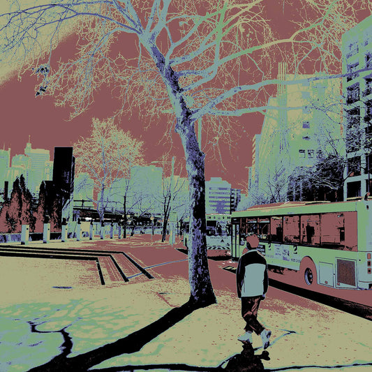 POPscape Sydney - Railway Square - Bus - 1906051v12 - Close Detail View, Stylised street scene of Railway Square, Sydney, with a lone pedestrian walking past a bus under leafless trees. High-contrast Pop Art palette with surreal urban tones and architectural detail.