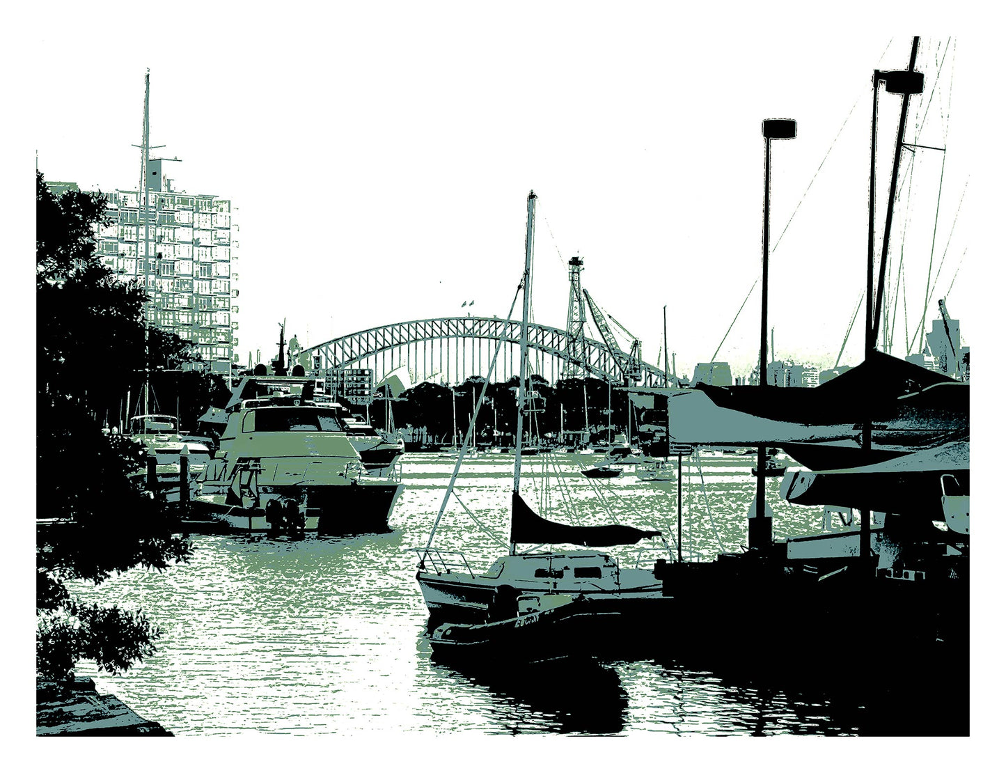 POPscape Sydney - Rushcutters Bay Darling Point - Harbour Bridge - 208507v5 - 104x81.5cm, Stylised harbour scene with moored yachts in the foreground and Sydney Harbour Bridge in the background, rendered in soft green and monochrome tones with urban and nautical detail.