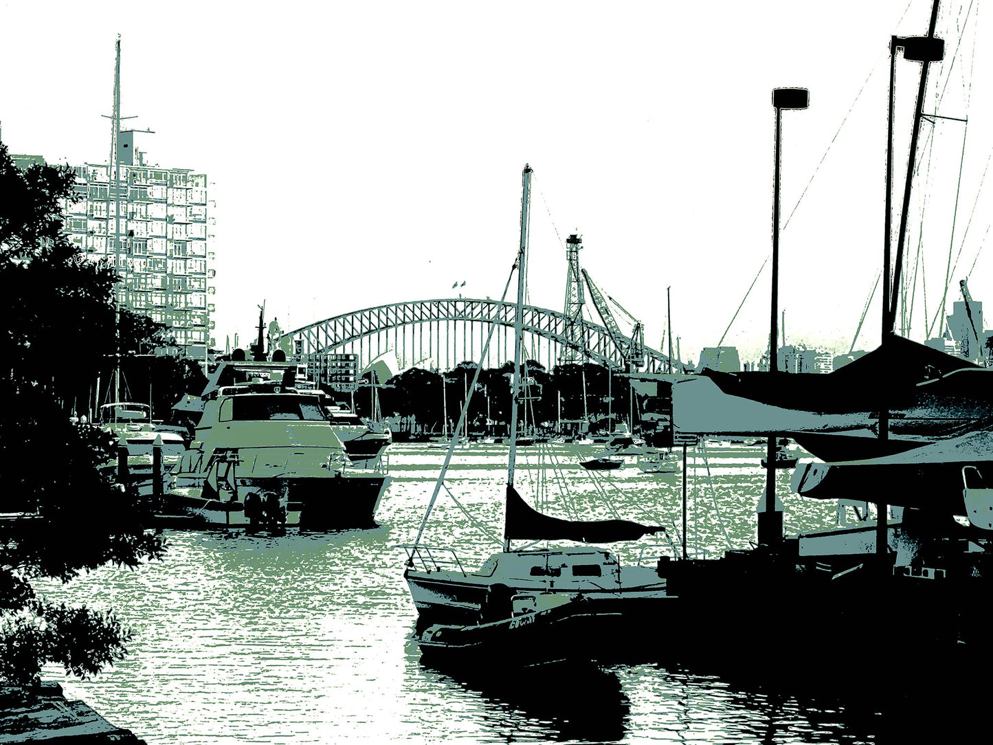 POPscape Sydney - Rushcutters Bay Darling Point - Harbour Bridge - 208507v5 - 90x67.5cm, Stylised harbour scene with moored yachts in the foreground and Sydney Harbour Bridge in the background, rendered in soft green and monochrome tones with urban and nautical detail.