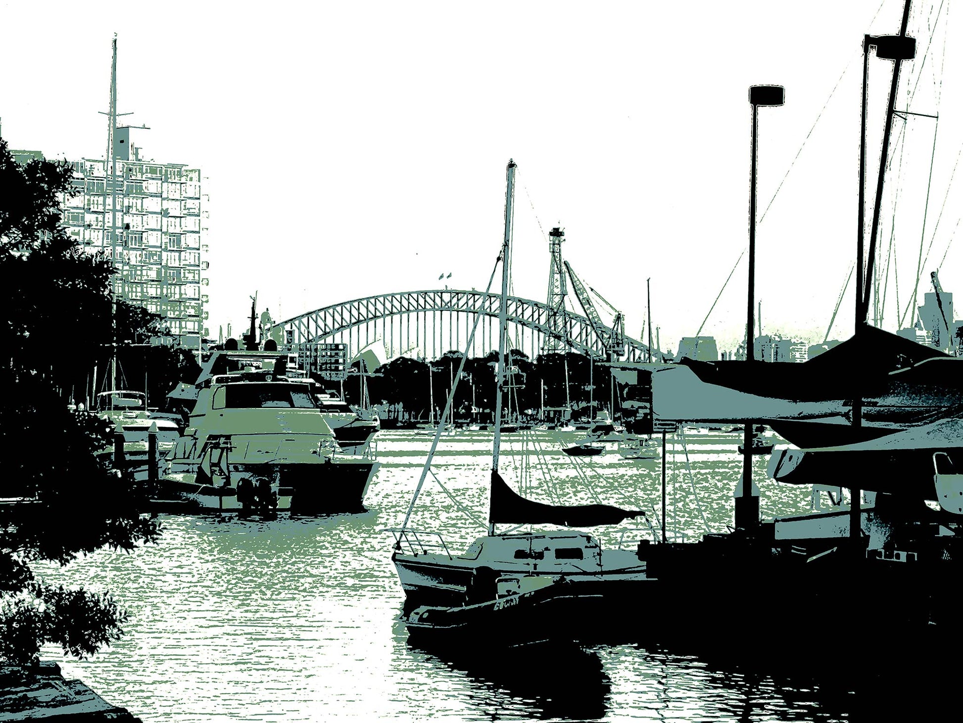 POPscape Sydney - Rushcutters Bay Darling Point - Harbour Bridge - 208507v5 - 90x67.5cm, Stylised harbour scene with moored yachts in the foreground and Sydney Harbour Bridge in the background, rendered in soft green and monochrome tones with urban and nautical detail.