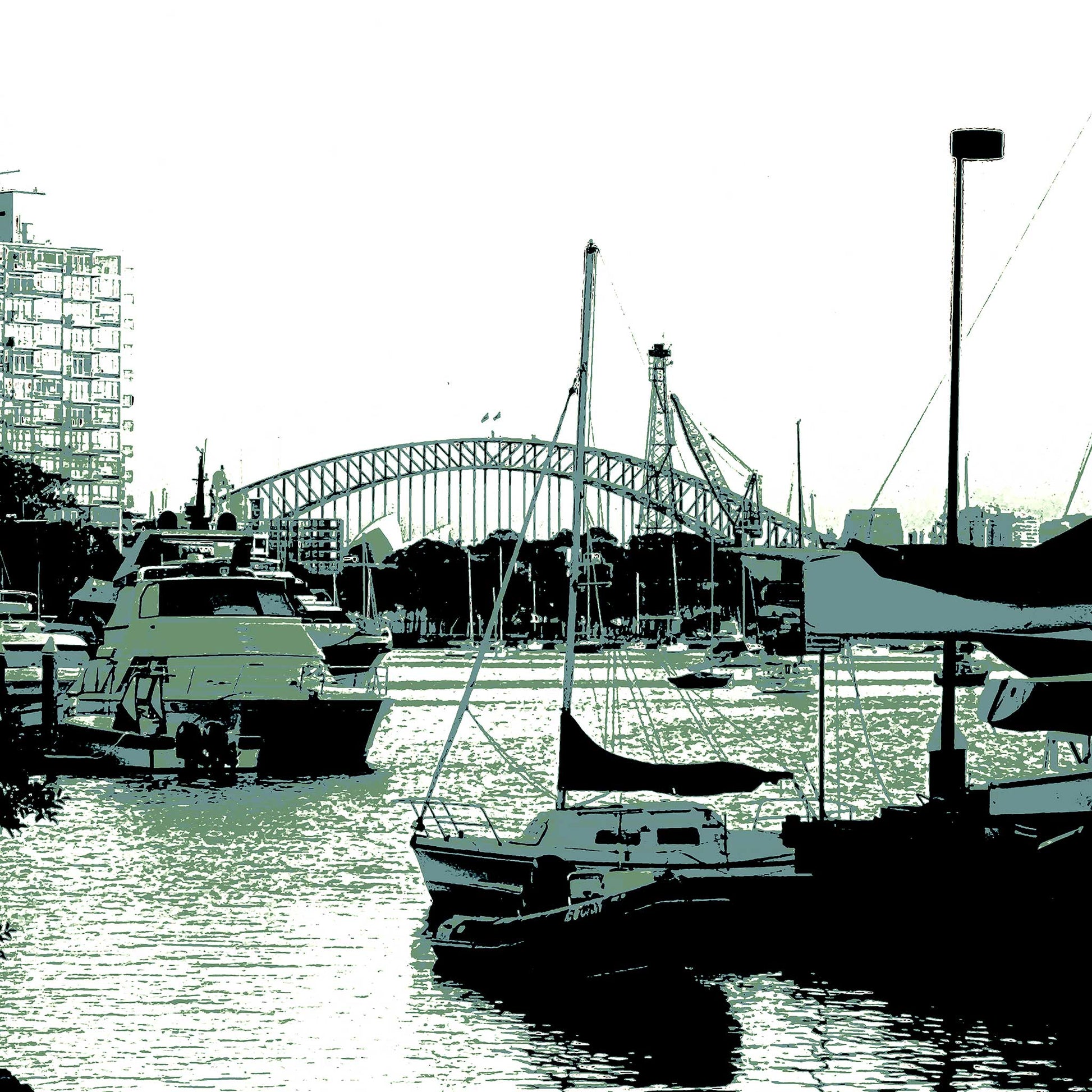 POPscape Sydney - Rushcutters Bay Darling Point - Harbour Bridge - 208507v5 - Close Detail View, Stylised harbour scene with moored yachts in the foreground and Sydney Harbour Bridge in the background, rendered in soft green and monochrome tones with urban and nautical detail.
