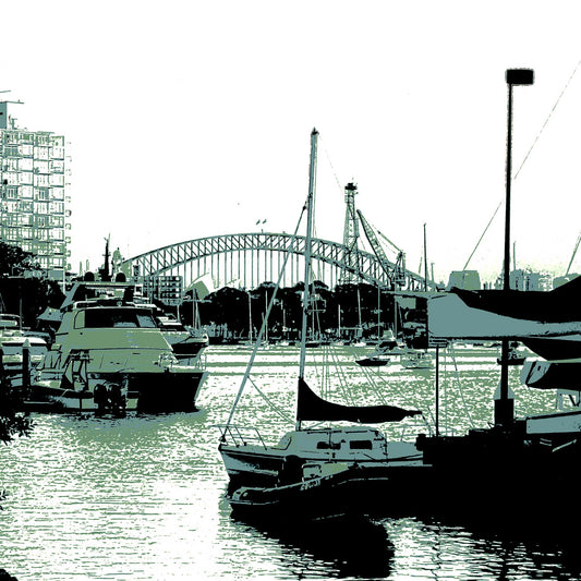 POPscape Sydney - Rushcutters Bay Darling Point - Harbour Bridge - 208507v5 - Close Detail View, Stylised harbour scene with moored yachts in the foreground and Sydney Harbour Bridge in the background, rendered in soft green and monochrome tones with urban and nautical detail.
