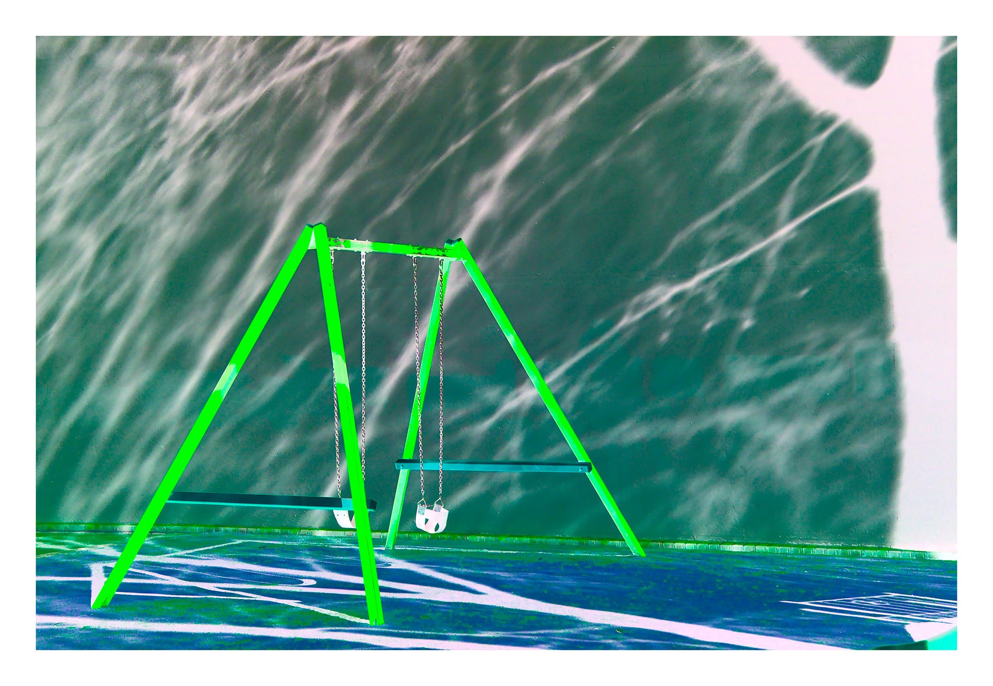 POPscape Sydney - Swings in the Park - 1906018v10 - 104x74cm, Stylised image of a vivid green swing set in an empty park. Dramatic shadows and abstract light patterns create a surreal, graphic background. Minimalist Pop Art composition with nostalgic undertones.