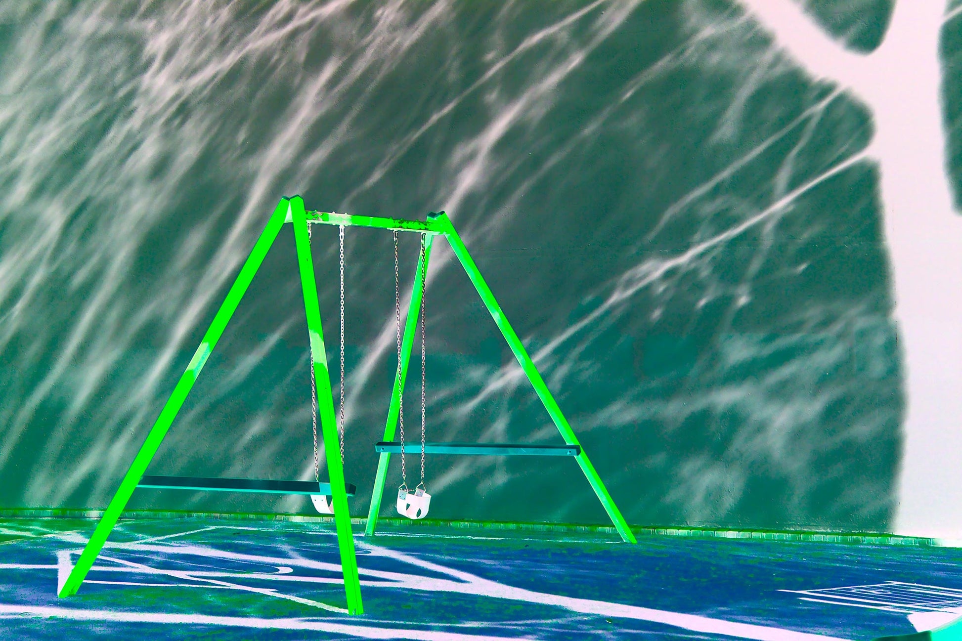 POPscape Sydney - Swings in the Park - 1906018v10 - 90x60cm, Stylised image of a vivid green swing set in an empty park. Dramatic shadows and abstract light patterns create a surreal, graphic background. Minimalist Pop Art composition with nostalgic undertones.