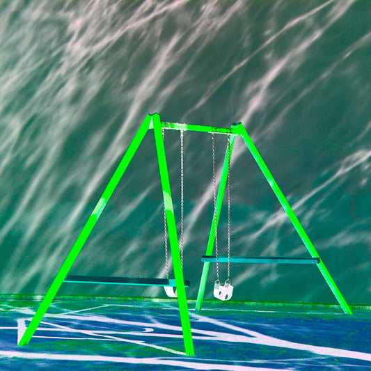 POPscape Sydney - Swings in the Park - 1906018v10 - Close Detail View, Stylised image of a vivid green swing set in an empty park. Dramatic shadows and abstract light patterns create a surreal, graphic background. Minimalist Pop Art composition with nostalgic undertones.