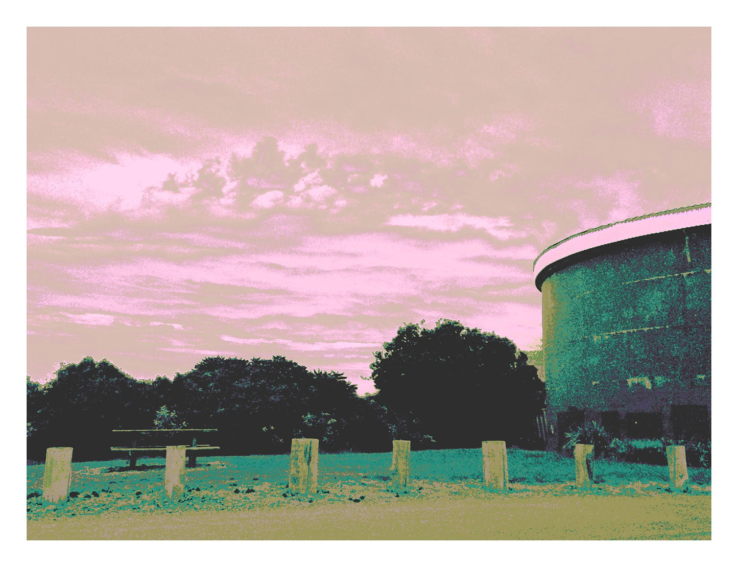 Vivid Country - Sawtell - Boambee Headland Lookout - 2993v1054 - 104x81.5cm, Stylised fine art image of Boambee Headland Lookout, featuring a curved concrete water tower, picnic table, and soft pink and green sky with trees and bollards in the foreground.