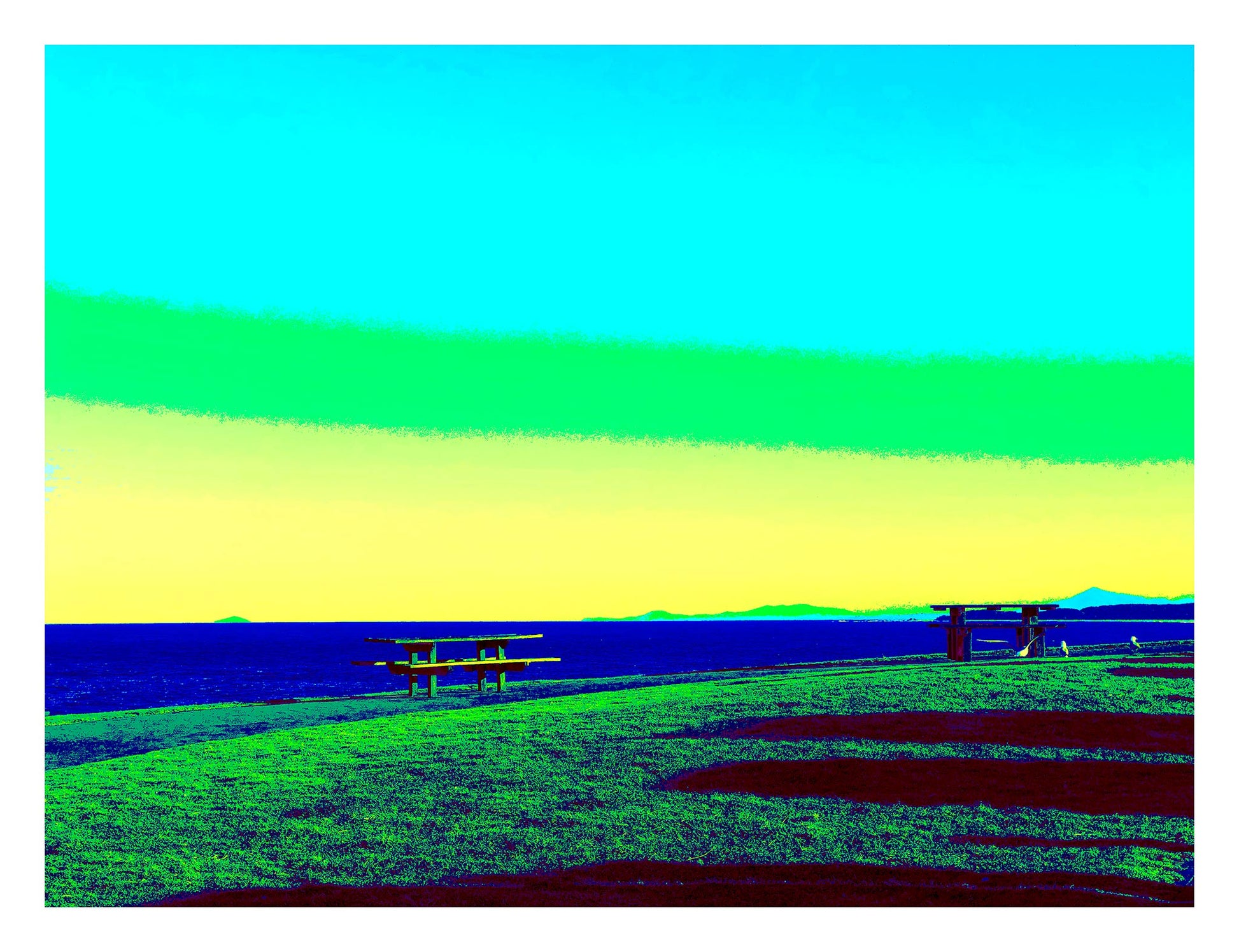 Vivid Country - Sawtell - Bonville Headland Lookout - 1704v25 - 104x81.5cm, Fine art pop-style landscape featuring picnic tables on grassy cliffs at Bonville Headland Lookout, Sawtell, with a vivid sky in gradients of aqua, green, and yellow above a deep blue ocean.