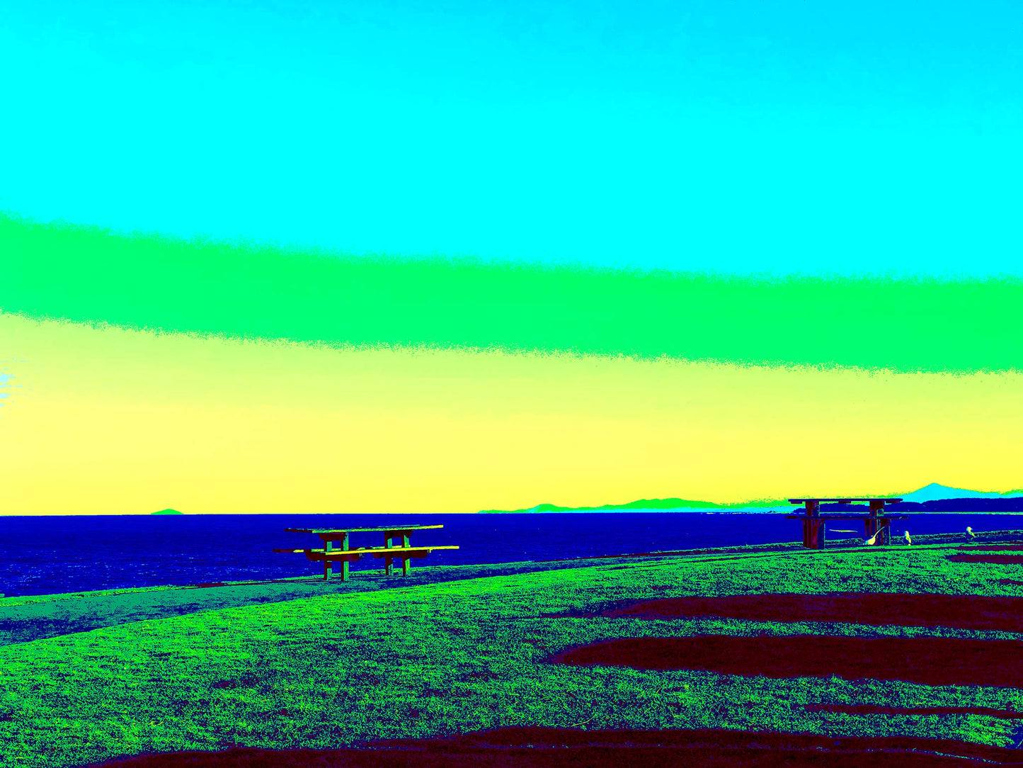 Vivid Country - Sawtell - Bonville Headland Lookout - 1704v25 - 90x67.5cm, Fine art pop-style landscape featuring picnic tables on grassy cliffs at Bonville Headland Lookout, Sawtell, with a vivid sky in gradients of aqua, green, and yellow above a deep blue ocean.