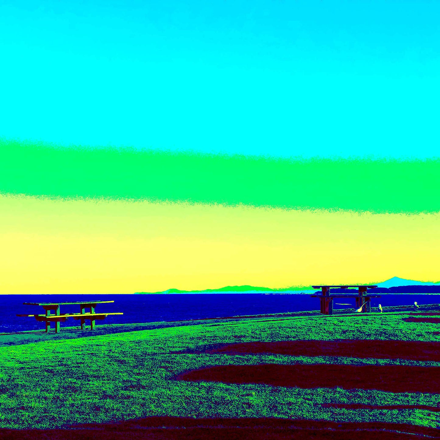 Vivid Country - Sawtell - Bonville Headland Lookout - 1704v25 - Close Detail View, Fine art pop-style landscape featuring picnic tables on grassy cliffs at Bonville Headland Lookout, Sawtell, with a vivid sky in gradients of aqua, green, and yellow above a deep blue ocean.