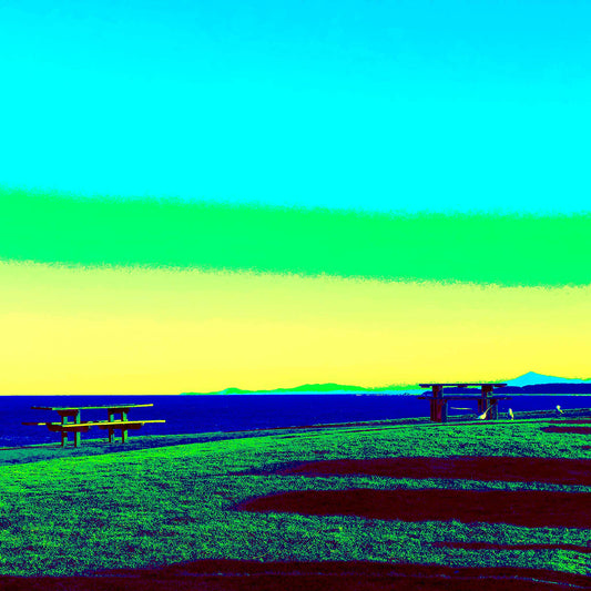 Vivid Country - Sawtell - Bonville Headland Lookout - 1704v25 - Close Detail View, Fine art pop-style landscape featuring picnic tables on grassy cliffs at Bonville Headland Lookout, Sawtell, with a vivid sky in gradients of aqua, green, and yellow above a deep blue ocean.