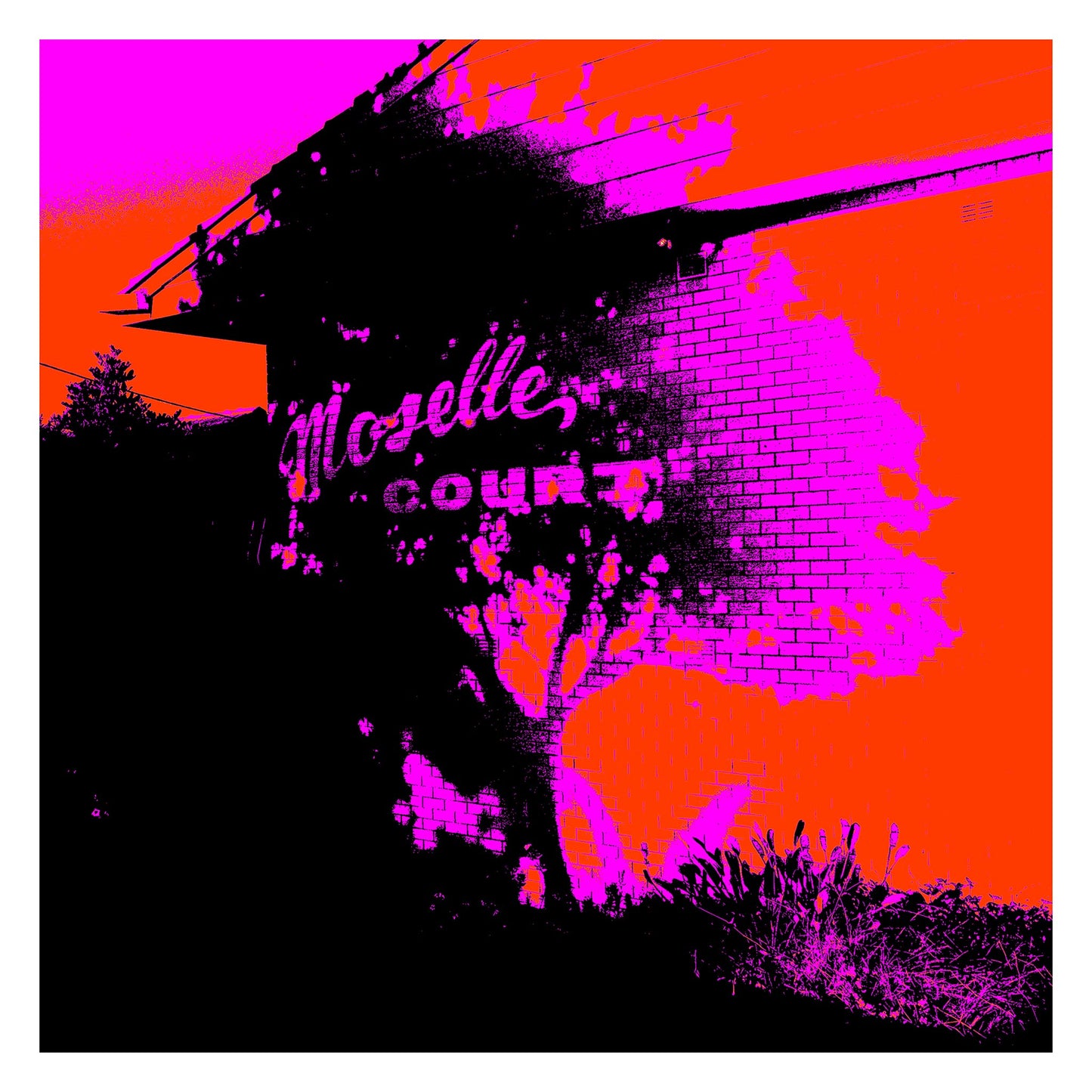 Vivid Country - Sawtell - Moselle Court - 1629v1016a - 104x104cm, Pop-inspired fine art print of a suburban brick building in Sawtell with the words "Moselle Court" visible, rendered in vivid pink, red, and black tones with stylised shadow and tree detail.