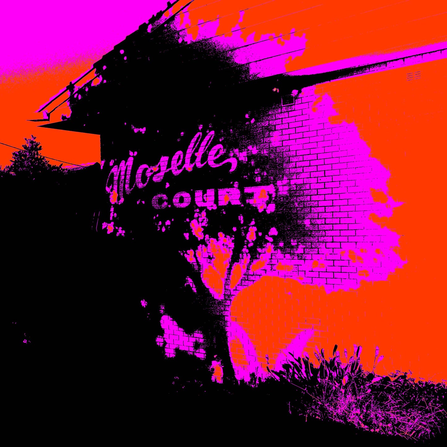 Vivid Country - Sawtell - Moselle Court - 1629v1016a - 90x90cm, Pop-inspired fine art print of a suburban brick building in Sawtell with the words "Moselle Court" visible, rendered in vivid pink, red, and black tones with stylised shadow and tree detail.