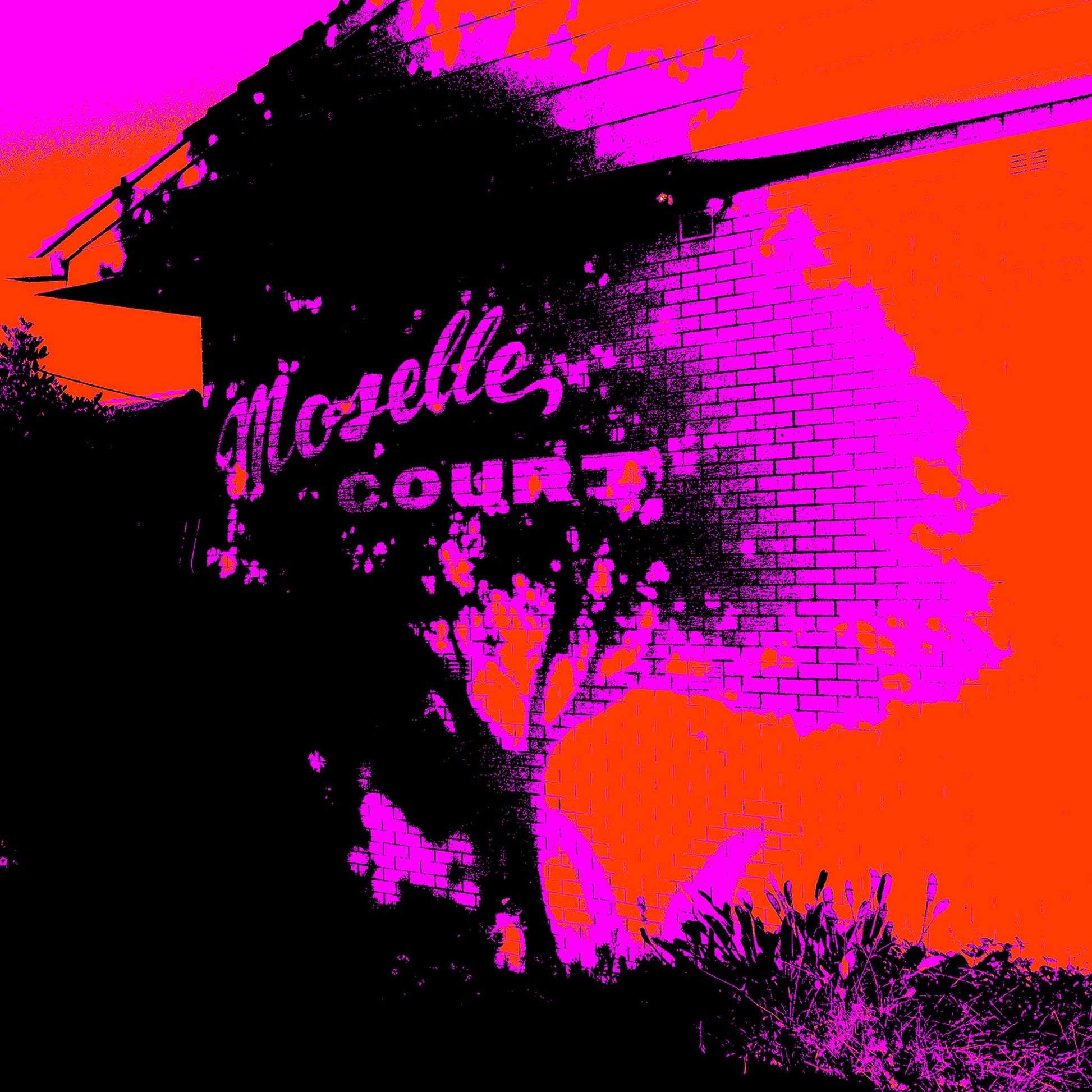 Vivid Country - Sawtell - Moselle Court - 1629v1016a - Close Detail View, Pop-inspired fine art print of a suburban brick building in Sawtell with the words "Moselle Court" visible, rendered in vivid pink, red, and black tones with stylised shadow and tree detail.
