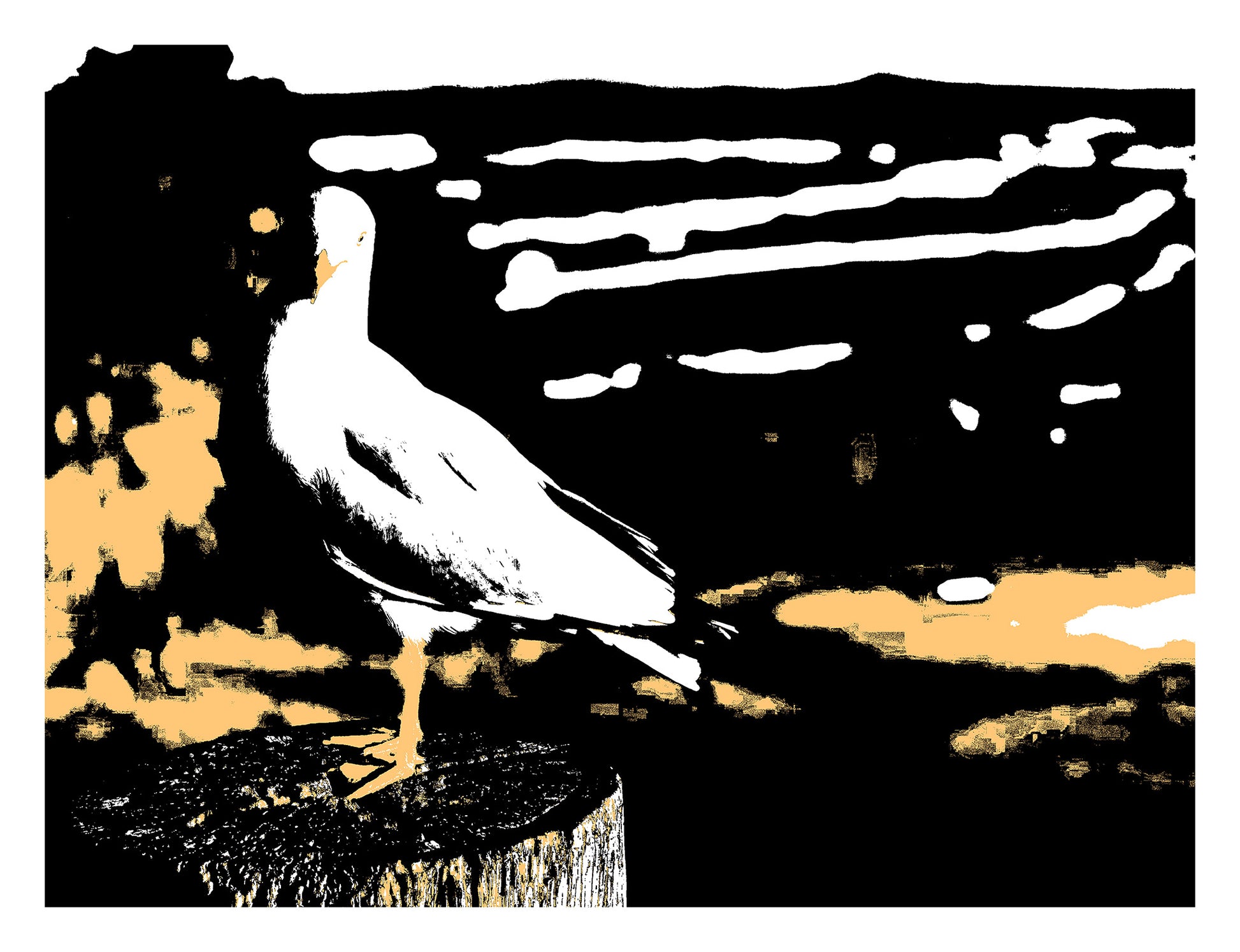 Vivid Country - Sawtell - Seagull - Bonville Headland Lookout - E1692v18a - 104x81.5cm, Graphic-style fine art print of a seagull standing on a timber post at Bonville Headland Lookout, Sawtell, with golden tones and abstracted ocean lines in the background.