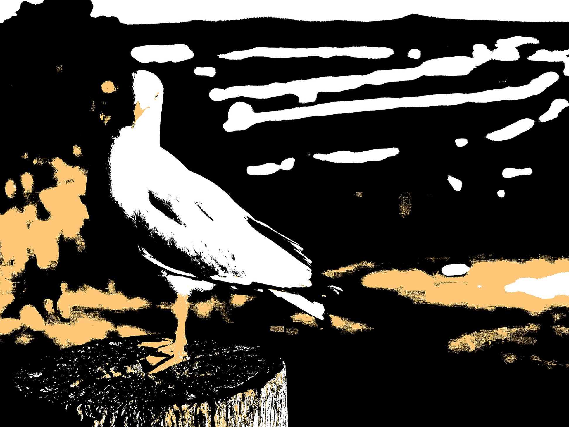 Vivid Country - Sawtell - Seagull - Bonville Headland Lookout - E1692v18a - 90x67.5cm, Graphic-style fine art print of a seagull standing on a timber post at Bonville Headland Lookout, Sawtell, with golden tones and abstracted ocean lines in the background.