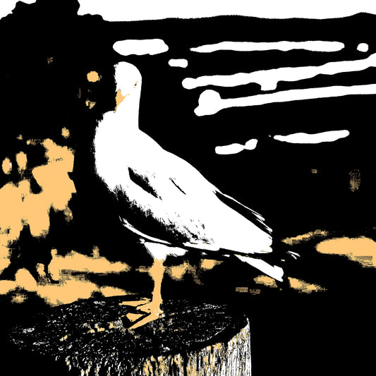 Vivid Country - Sawtell - Seagull - Bonville Headland Lookout - E1692v18a - Close Detail View, Graphic-style fine art print of a seagull standing on a timber post at Bonville Headland Lookout, Sawtell, with golden tones and abstracted ocean lines in the background.