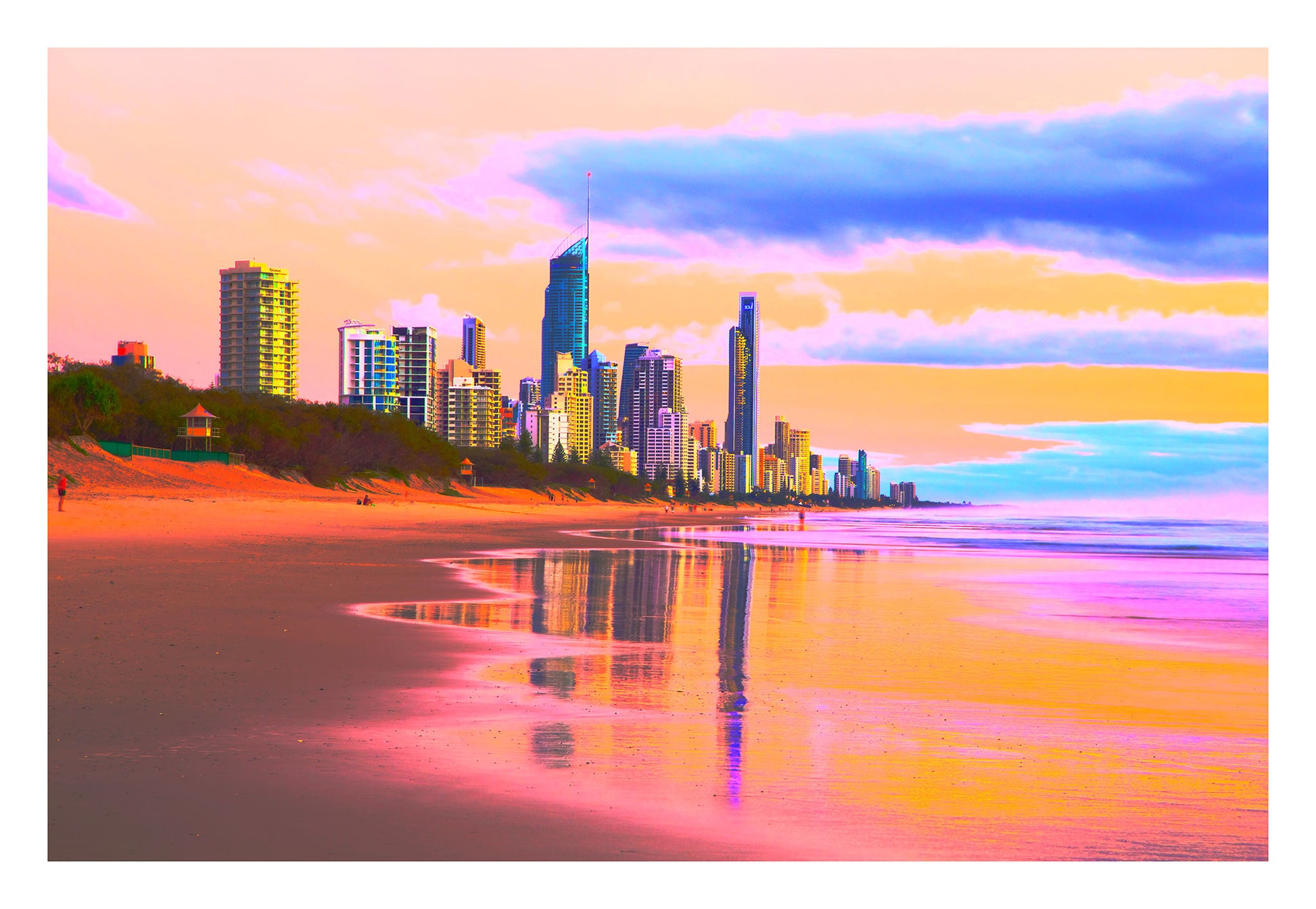 Vivid Country - Gold Coast Surfers Paradise Sunrise - 9785v31 - 104x74cm, a pastel-hued sunrise over Surfers Paradise, with the skyline reflected on wet sand in bold pinks, golds, and blues.