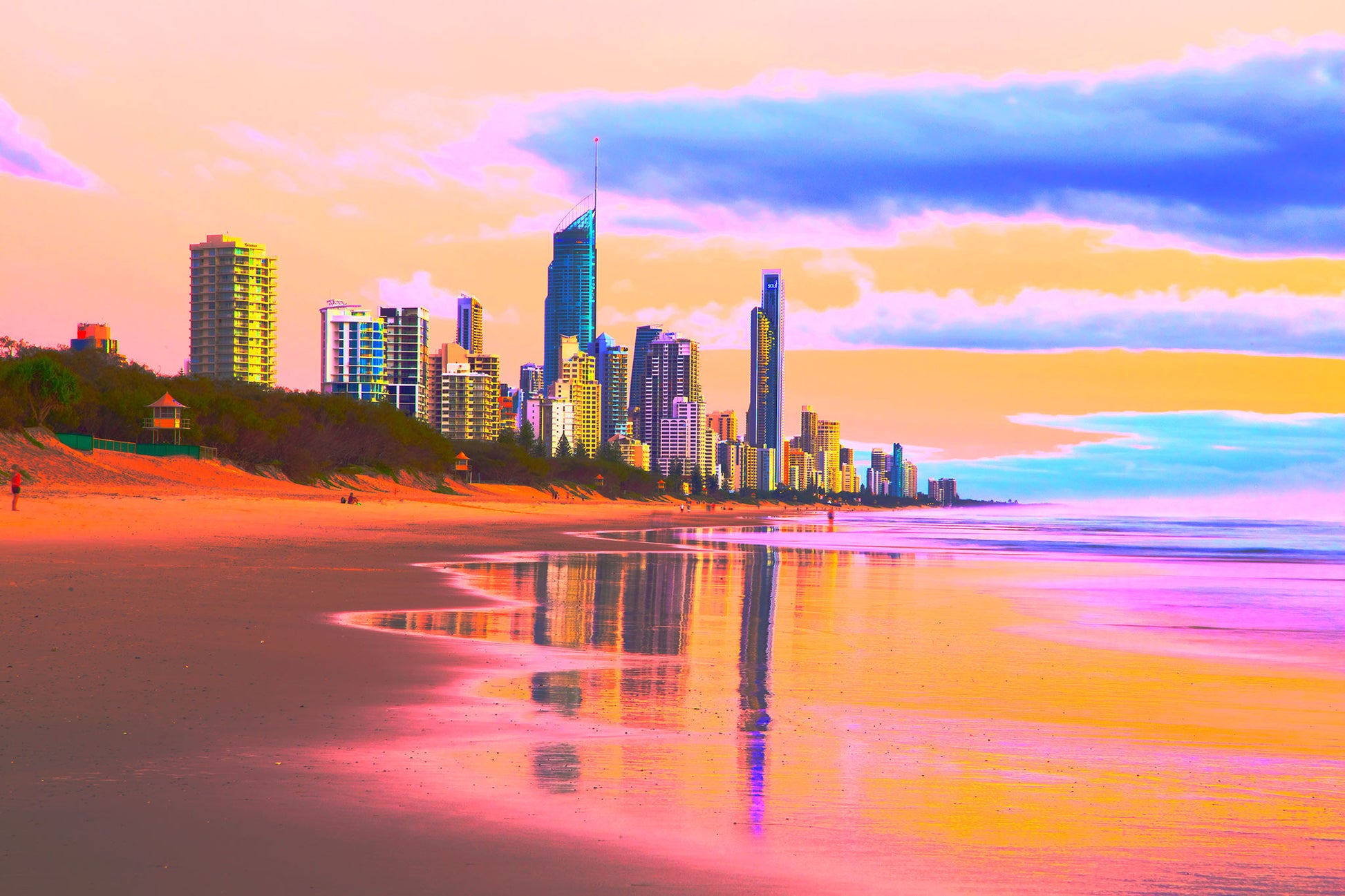 Vivid Country - Gold Coast Surfers Paradise Sunrise - 9785v31 - 90x60cm, a pastel-hued sunrise over Surfers Paradise, with the skyline reflected on wet sand in bold pinks, golds, and blues.