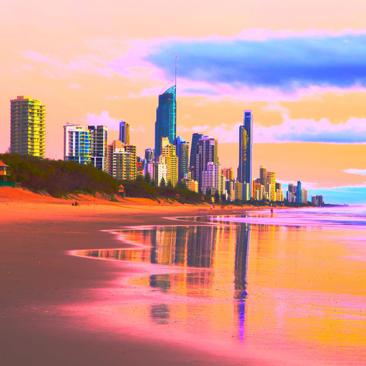 Vivid Country - Gold Coast Surfers Paradise Sunrise - 9785v31 - Close Detail View, a pastel-hued sunrise over Surfers Paradise, with the skyline reflected on wet sand in bold pinks, golds, and blues.