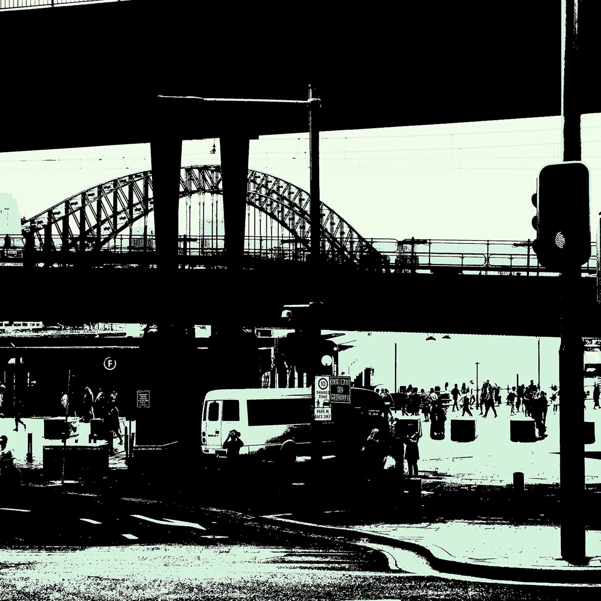 POPscape Sydney - Circular Quay 9247v3 - Close Detail View, monochrome high contrast Pop Arty style, Sydney Harbour Bridge, fine art print.