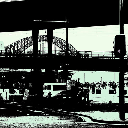 POPscape Sydney - Circular Quay 9247v3 - Close Detail View, monochrome high contrast Pop Arty style, Sydney Harbour Bridge, fine art print.