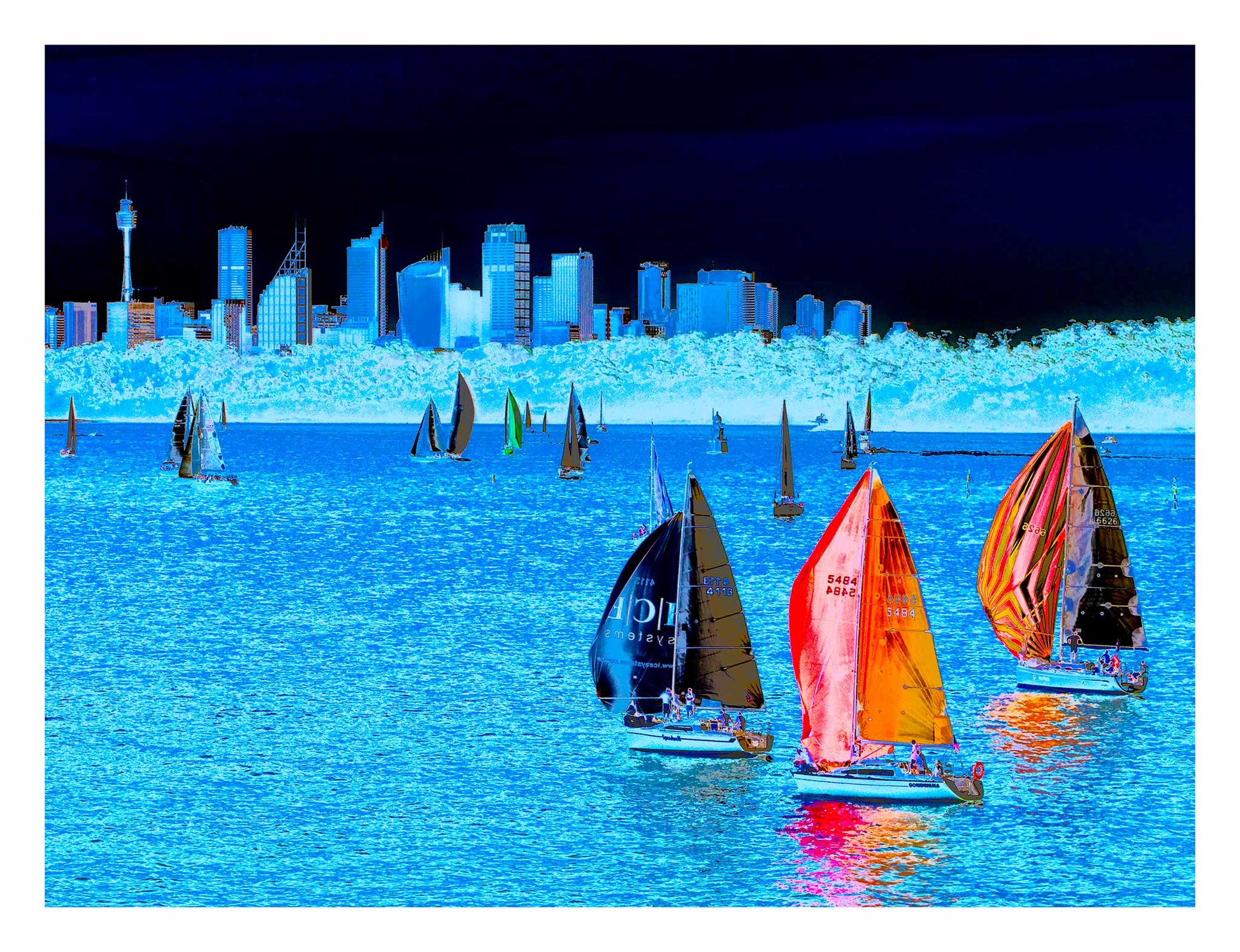 POPscape Sydney - Sydney Harbour Boats Watsons Bay 1483v4-10 - 104x81.5cm, deep blue Pop Art scene with sailboats and city skyline, limited edition fine art print.