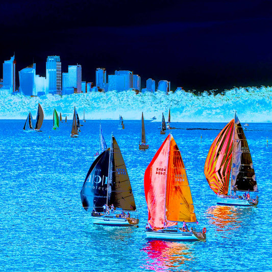 POPscape Sydney - Sydney Harbour Boats Watsons Bay 1483v4-10 - Close Detail View, deep blue Pop Art scene with sailboats and city skyline, limited edition fine art print.