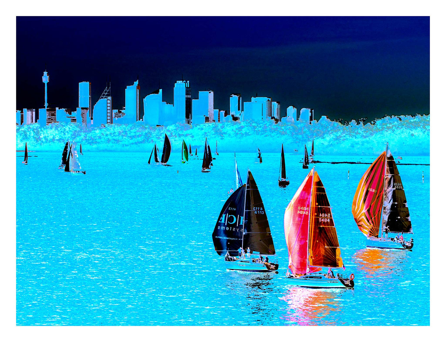 POPscape Sydney - Sydney Harbour Boats Watsons Bay 1483v4-24 - 104x81.5cm, cyan-blue Pop Art sailboats with vibrant reflections on Sydney Harbour, fine art print.