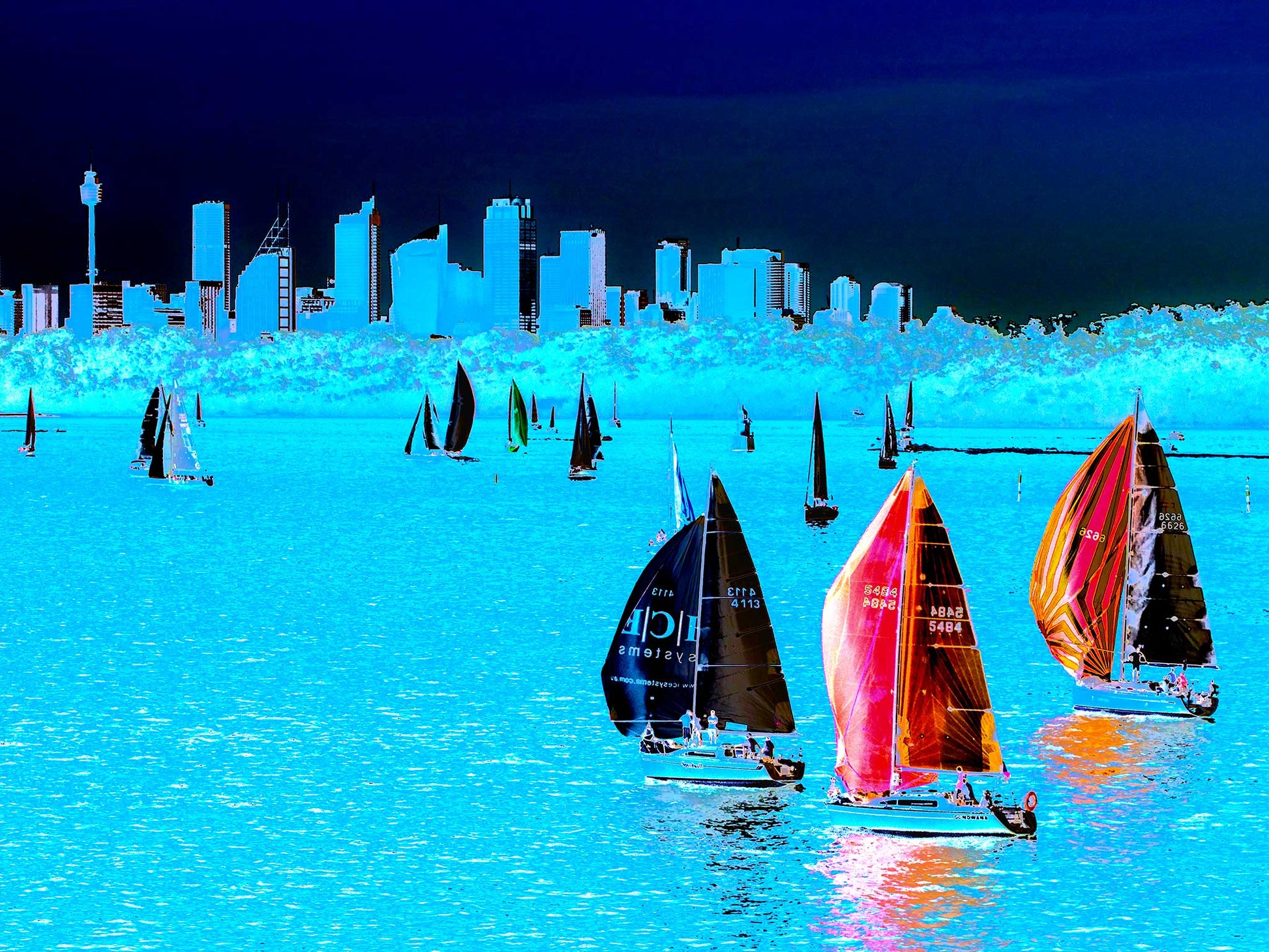 POPscape Sydney - Sydney Harbour Boats Watsons Bay 1483v4-24 - 90x67.5cm, cyan-blue Pop Art sailboats with vibrant reflections on Sydney Harbour, fine art print.