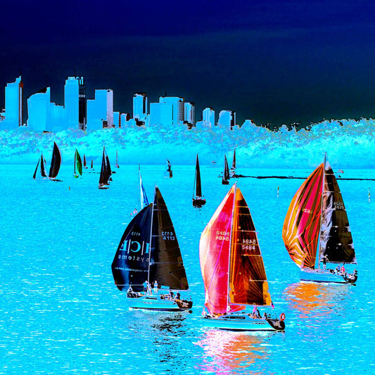 POPscape Sydney - Sydney Harbour Boats Watsons Bay 1483v4-24 - Close Detail View, cyan-blue Pop Art sailboats with vibrant reflections on Sydney Harbour, fine art print.