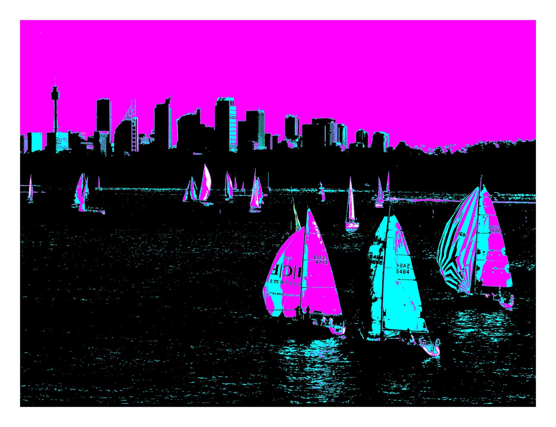 POPscape Sydney - Sydney Harbour Boats Watsons Bay 1483v4-7 - 104x81.5cm, colour-saturated Pop Art sailboats on Sydney Harbour with vivid pink sky, limited edition print.