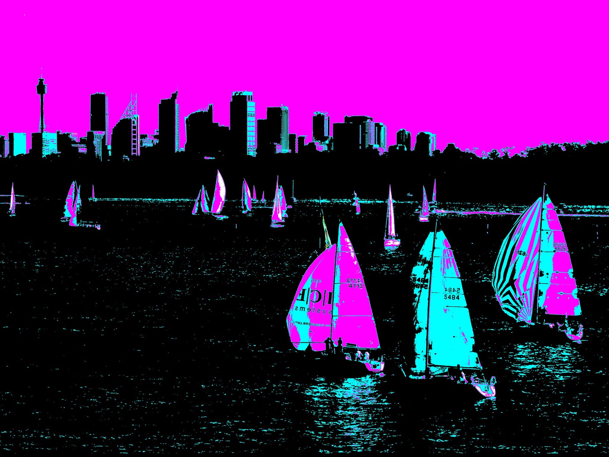 POPscape Sydney - Sydney Harbour Boats Watsons Bay 1483v4-7 - 90x67.5cm, colour-saturated Pop Art sailboats on Sydney Harbour with vivid pink sky, limited edition print.