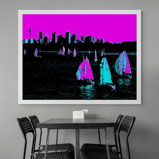 POPscape Sydney - Sydney Harbour Boats Watsons Bay 1483v4-7 - Room View, colour-saturated Pop Art sailboats on Sydney Harbour with vivid pink sky, limited edition print.