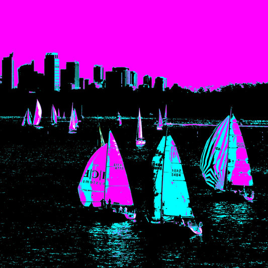 POPscape Sydney - Sydney Harbour Boats Watsons Bay 1483v4-7 - Close Detail View, colour-saturated Pop Art sailboats on Sydney Harbour with vivid pink sky, limited edition print.