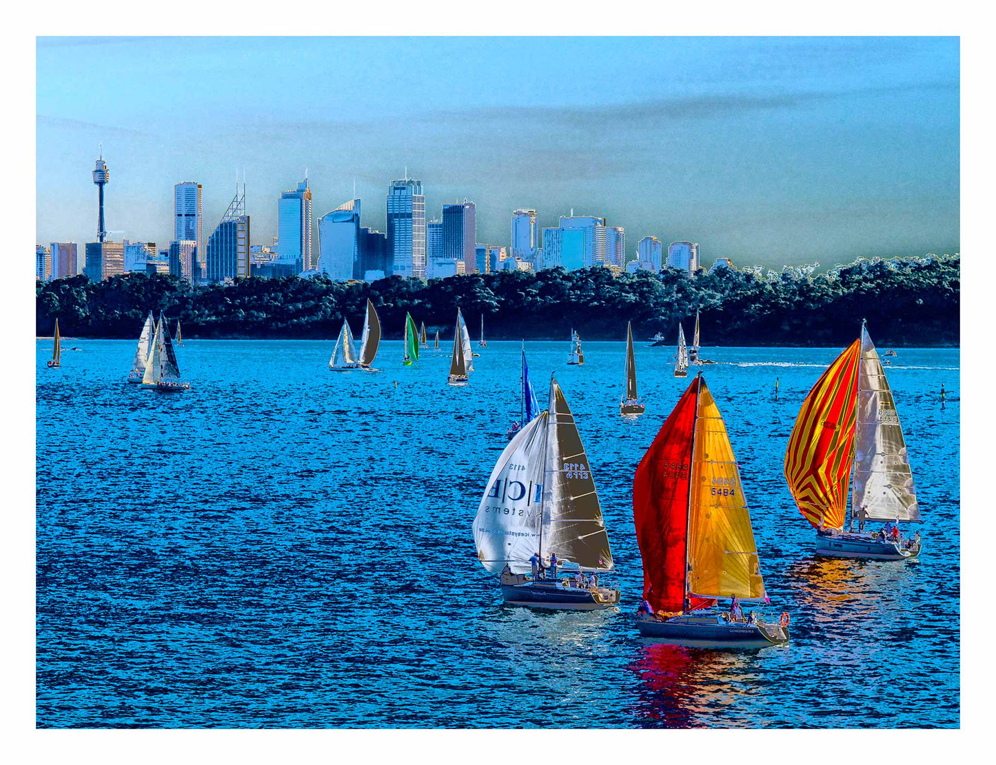 POPscape Sydney - Sydney Harbour Boats Watsons Bay 1483v4-8 - 104x81.5cm, colour-saturated Pop Art sailboats on Sydney Harbour with vivid pink sky, limited edition print.