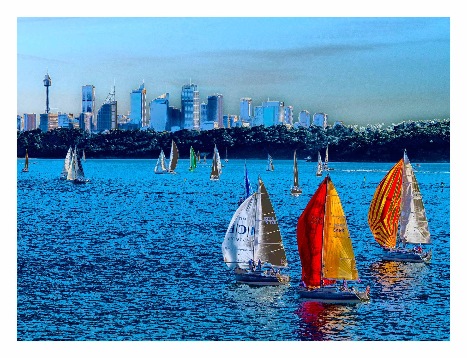 POPscape Sydney - Sydney Harbour Boats Watsons Bay 1483v4-8 - 104x81.5cm, colour-saturated Pop Art sailboats on Sydney Harbour with vivid pink sky, limited edition print.