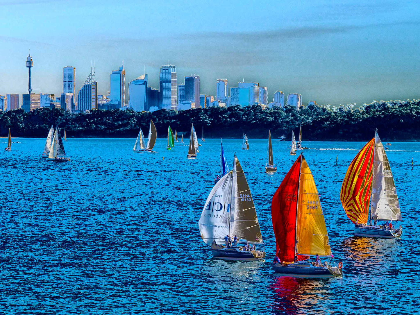 POPscape Sydney - Sydney Harbour Boats Watsons Bay 1483v4-8 - 90x67.5cm, colour-saturated Pop Art sailboats on Sydney Harbour with vivid pink sky, limited edition print.