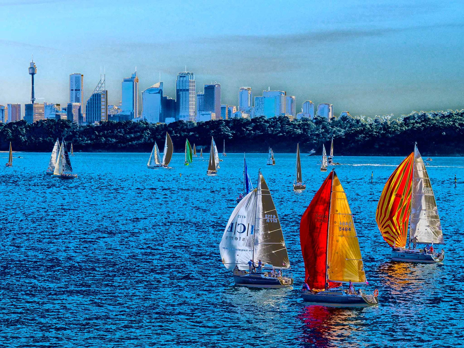 POPscape Sydney - Sydney Harbour Boats Watsons Bay 1483v4-8 - 90x67.5cm, colour-saturated Pop Art sailboats on Sydney Harbour with vivid pink sky, limited edition print.