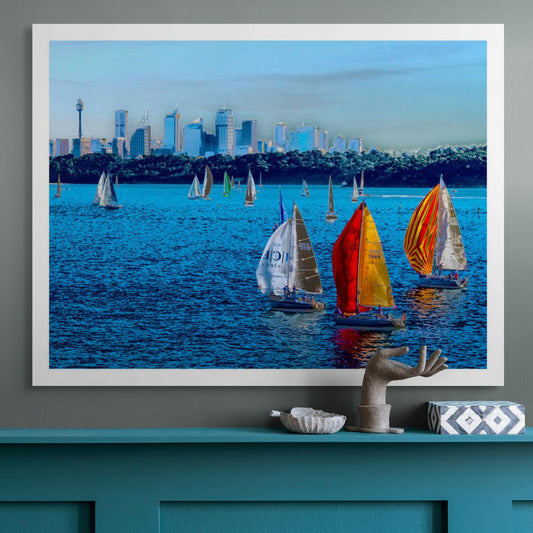 POPscape Sydney - Sydney Harbour Boats Watsons Bay 1483v4-8 - Room View, colour-saturated Pop Art sailboats on Sydney Harbour with vivid pink sky, limited edition print.