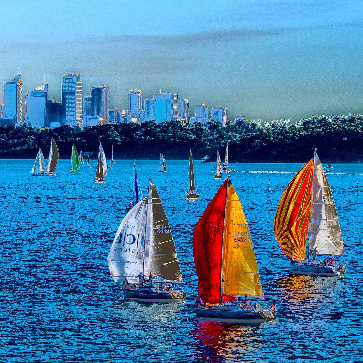 POPscape Sydney - Sydney Harbour Boats Watsons Bay 1483v4-8 - Close Detail View, colour-saturated Pop Art sailboats on Sydney Harbour with vivid pink sky, limited edition print.