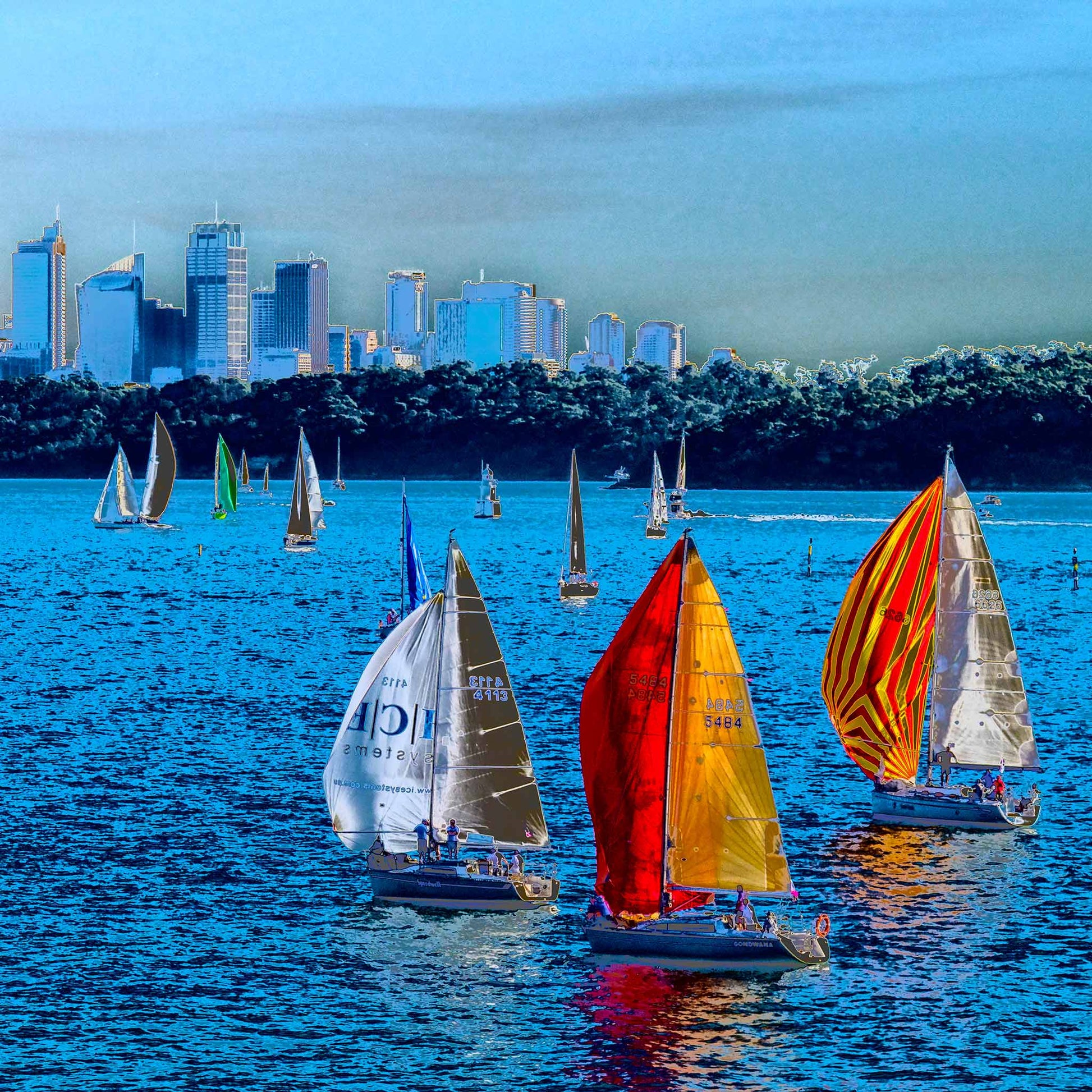 POPscape Sydney - Sydney Harbour Boats Watsons Bay 1483v4-8 - Close Detail View, colour-saturated Pop Art sailboats on Sydney Harbour with vivid pink sky, limited edition print.