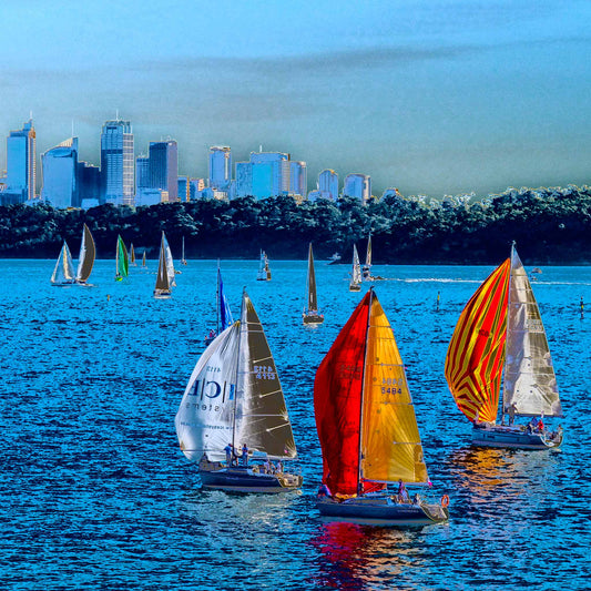 POPscape Sydney - Sydney Harbour Boats Watsons Bay 1483v4-8 - Close Detail View, colour-saturated Pop Art sailboats on Sydney Harbour with vivid pink sky, limited edition print.